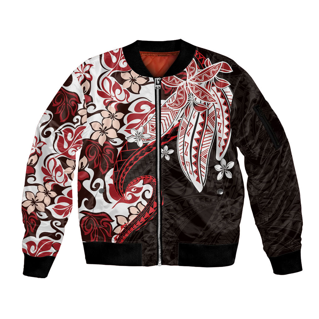 Monstera Plumeria Flowers Red Sleeve Zip Bomber Jacket Polynesian Pattern