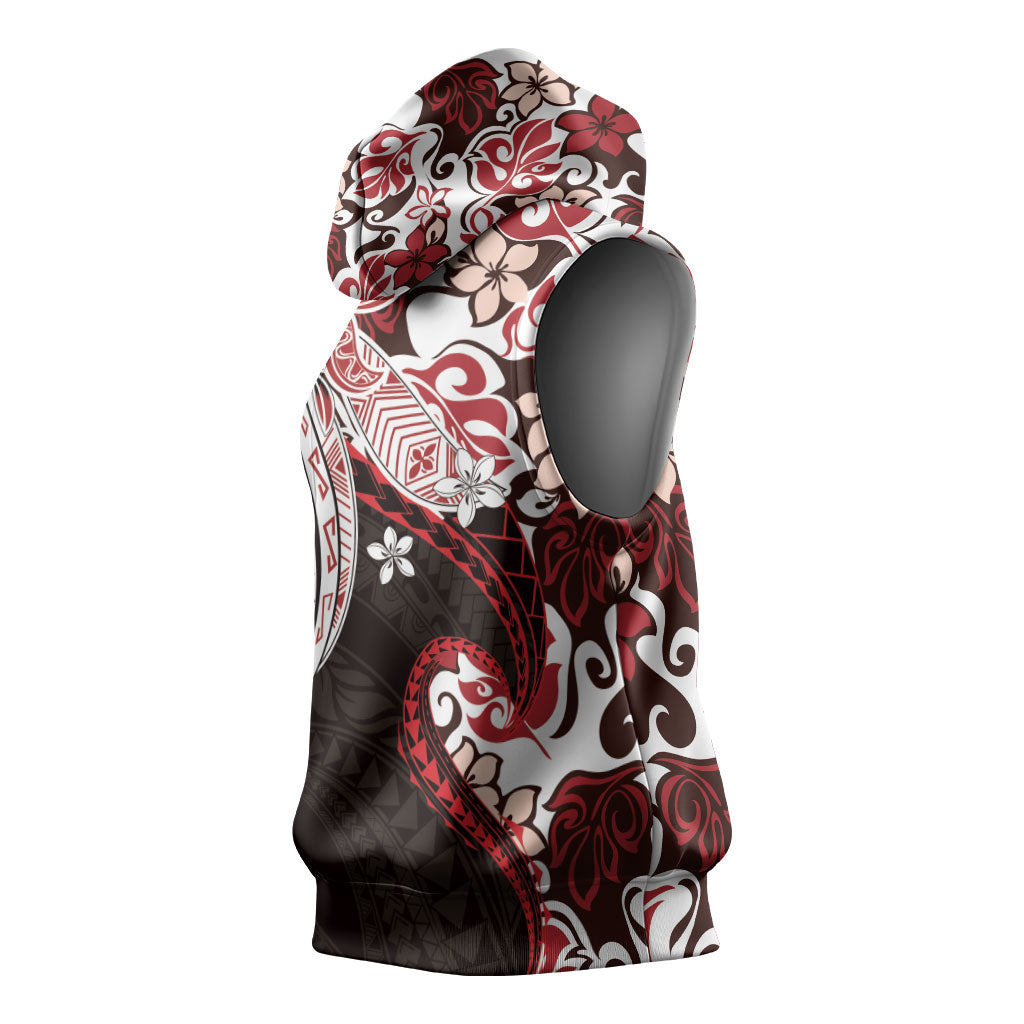 Monstera Plumeria Flowers Red Sleeveless Hoodie Polynesian Pattern