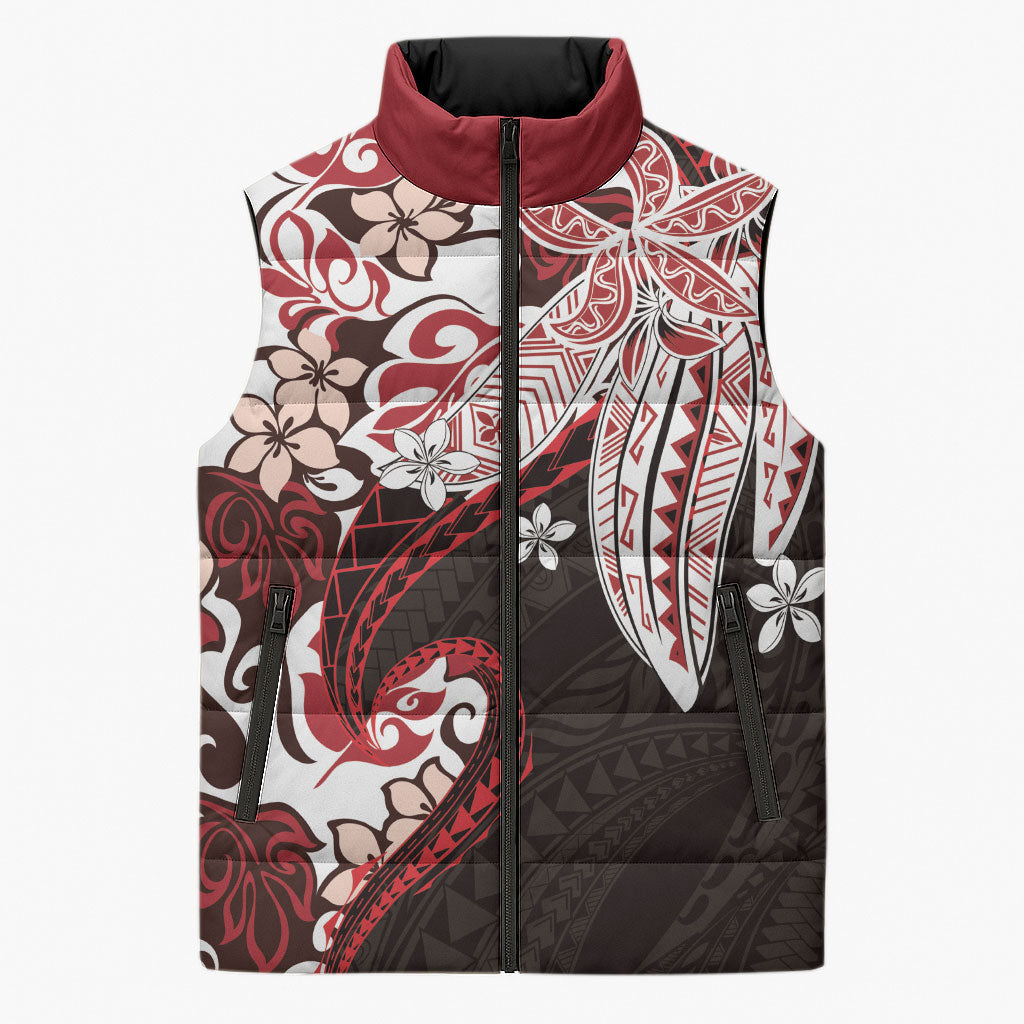 Monstera Plumeria Flowers Red Sleeveless Puffer Jacket Polynesian Pattern