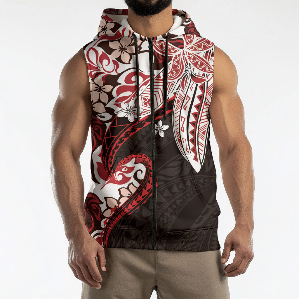 Monstera Plumeria Flowers Red Sleeveless Zip Hoodie Polynesian Pattern