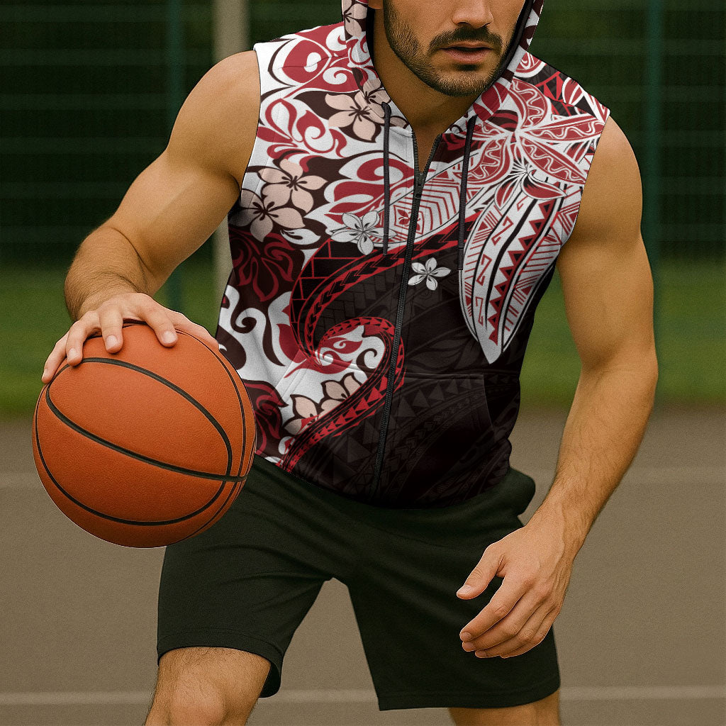 Monstera Plumeria Flowers Red Sleeveless Zip Hoodie Polynesian Pattern