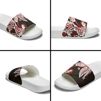 Monstera Plumeria Flowers Red Slide Sandals Polynesian Pattern