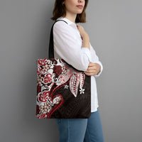 Monstera Plumeria Flowers Red Tote Bag Polynesian Pattern