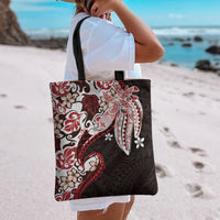 Monstera Plumeria Flowers Red Tote Bag Polynesian Pattern