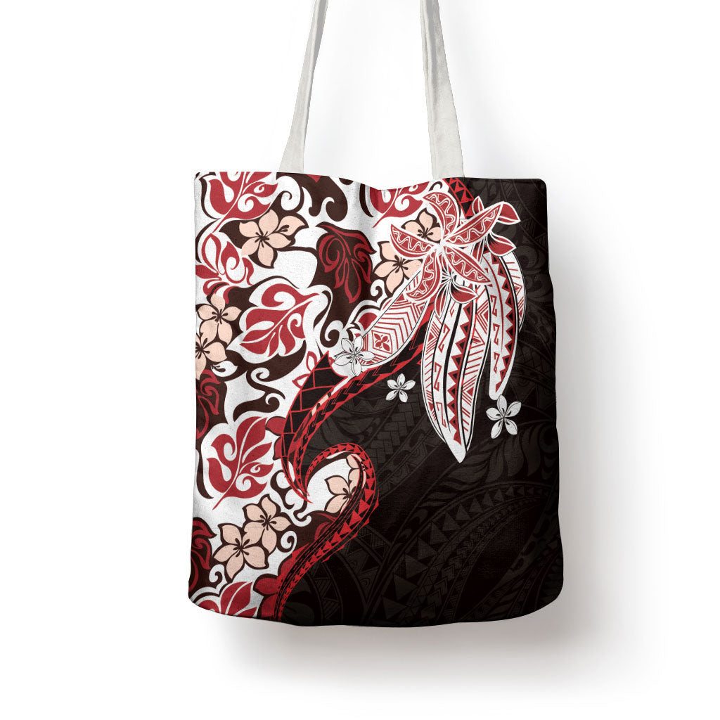 Monstera Plumeria Flowers Red Tote Bag Polynesian Pattern