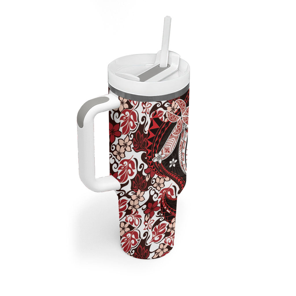 Monstera Plumeria Flowers Red Tumbler With Handle Polynesian Pattern