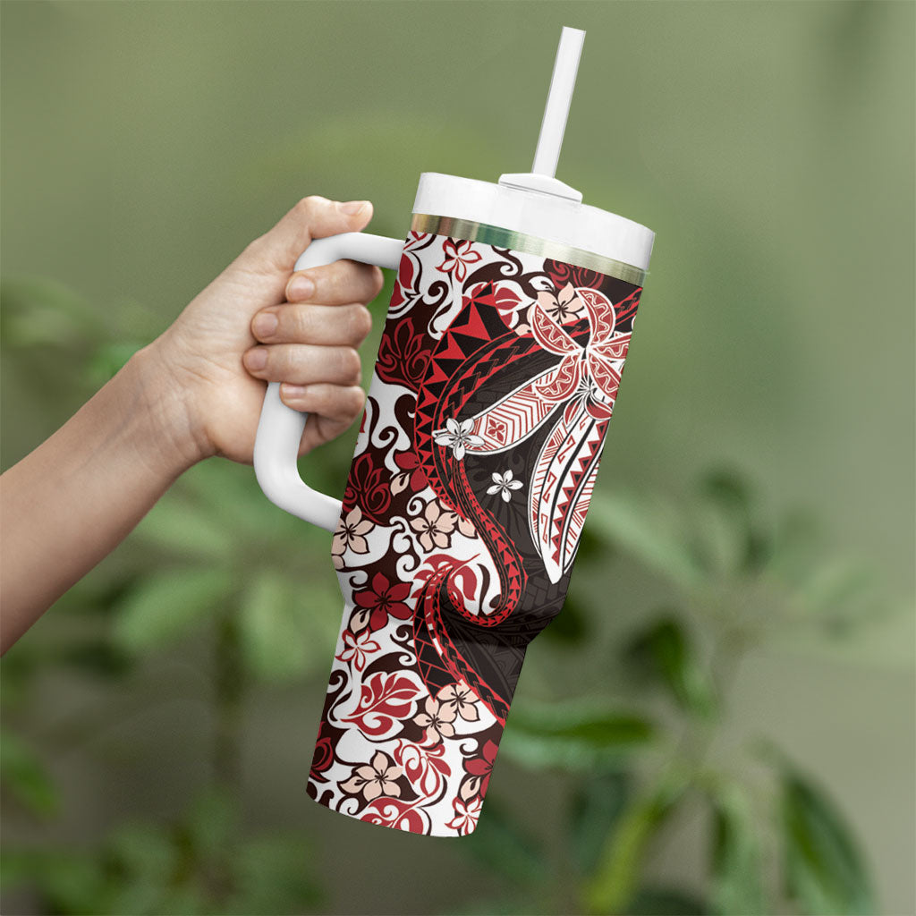 Monstera Plumeria Flowers Red Tumbler With Handle Polynesian Pattern