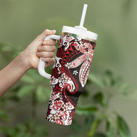 Monstera Plumeria Flowers Red Tumbler With Handle Polynesian Pattern