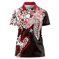 Monstera Plumeria Flowers Red Women Polo Shirt Polynesian Pattern