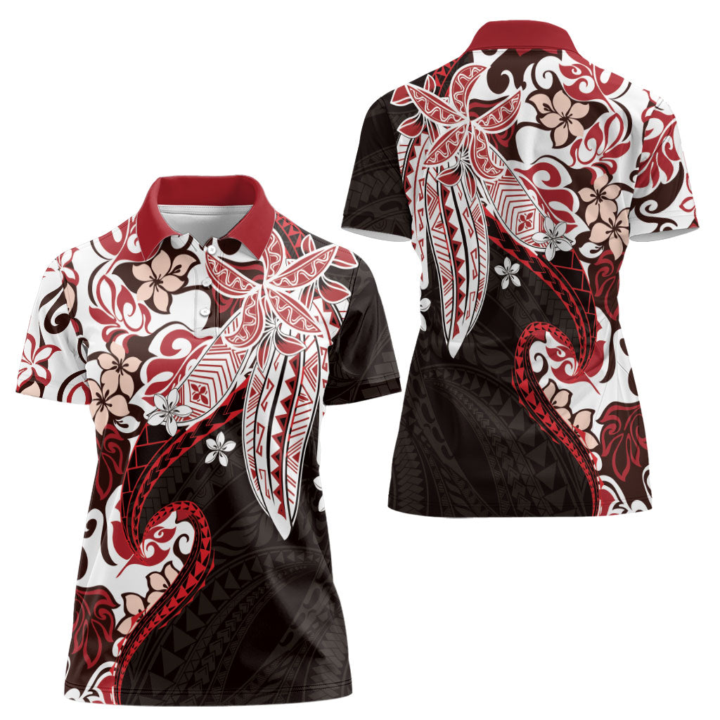 Monstera Plumeria Flowers Red Women Polo Shirt Polynesian Pattern