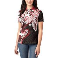Monstera Plumeria Flowers Red Women Polo Shirt Polynesian Pattern