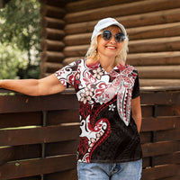 Monstera Plumeria Flowers Red Women Polo Shirt Polynesian Pattern