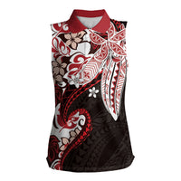 Monstera Plumeria Flowers Red Women Sleeveless Polo Shirt Polynesian Pattern