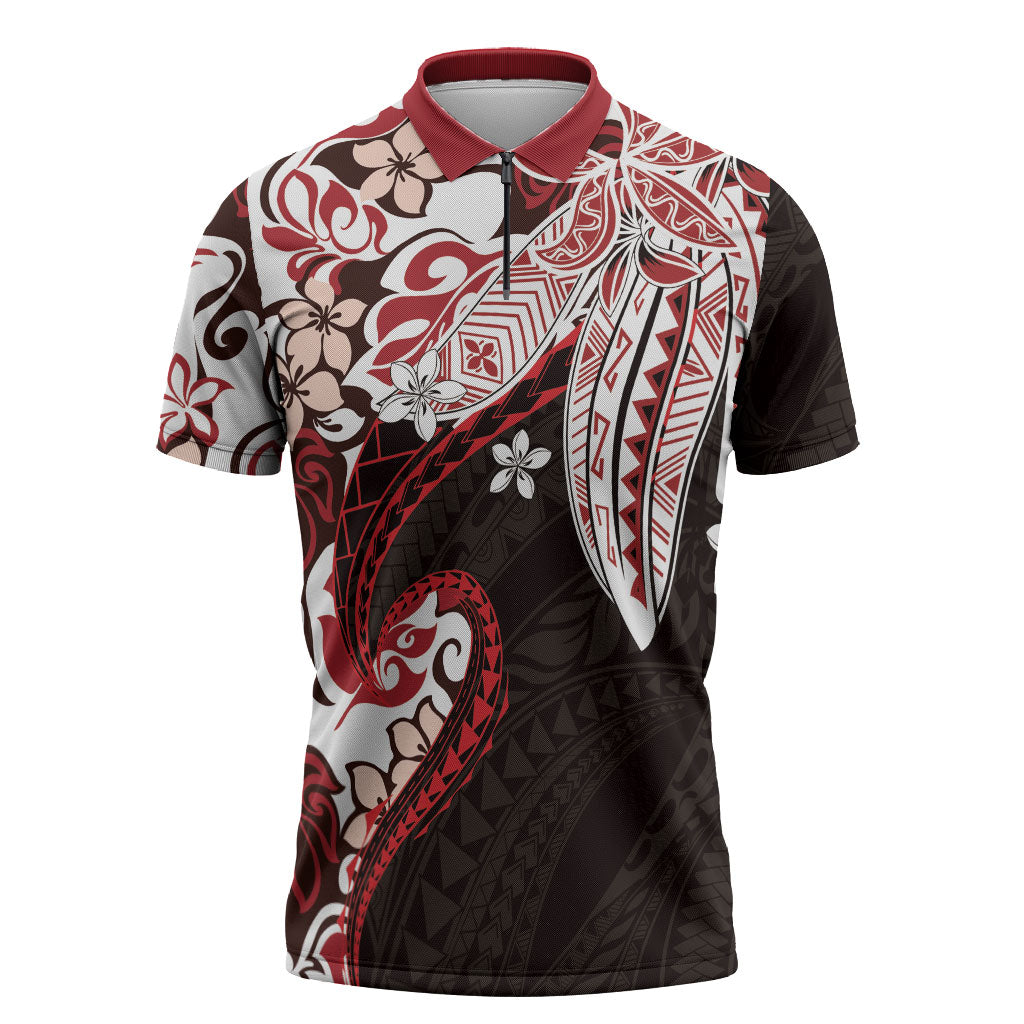 Monstera Plumeria Flowers Red Zipper Polo Shirt Polynesian Pattern LT01 Red - Polynesian Pride