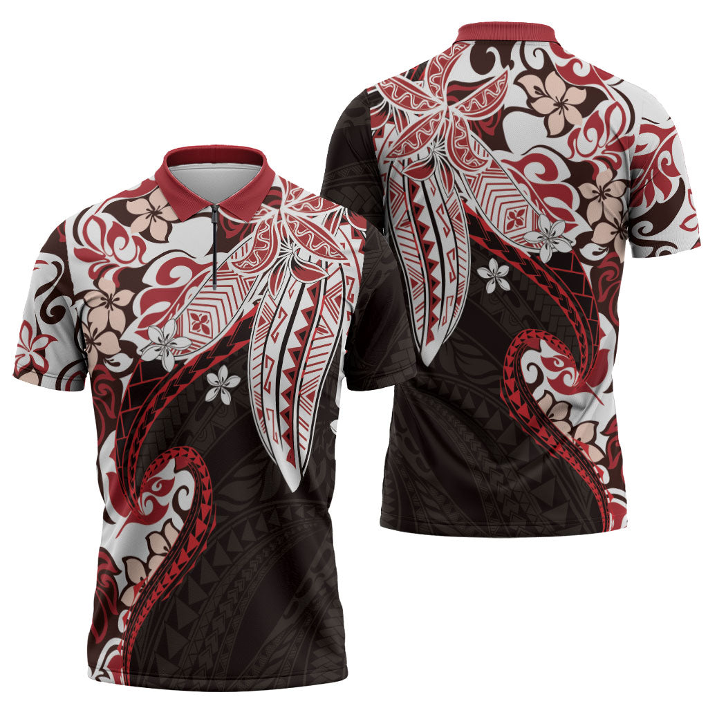 Monstera Plumeria Flowers Red Zipper Polo Shirt Polynesian Pattern LT01 - Polynesian Pride