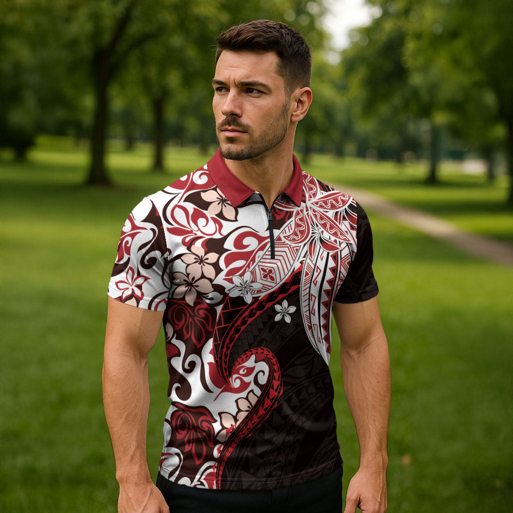 Monstera Plumeria Flowers Red Zipper Polo Shirt Polynesian Pattern LT01 - Polynesian Pride
