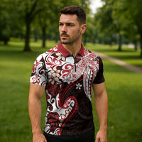 Monstera Plumeria Flowers Red Zipper Polo Shirt Polynesian Pattern LT01 - Polynesian Pride