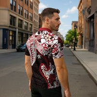 Monstera Plumeria Flowers Red Zipper Polo Shirt Polynesian Pattern LT01 - Polynesian Pride
