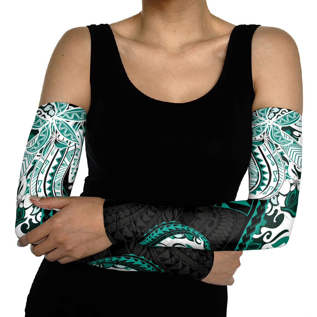 Monstera Plumeria Flowers Teal Arm Sleeves Polynesian Pattern
