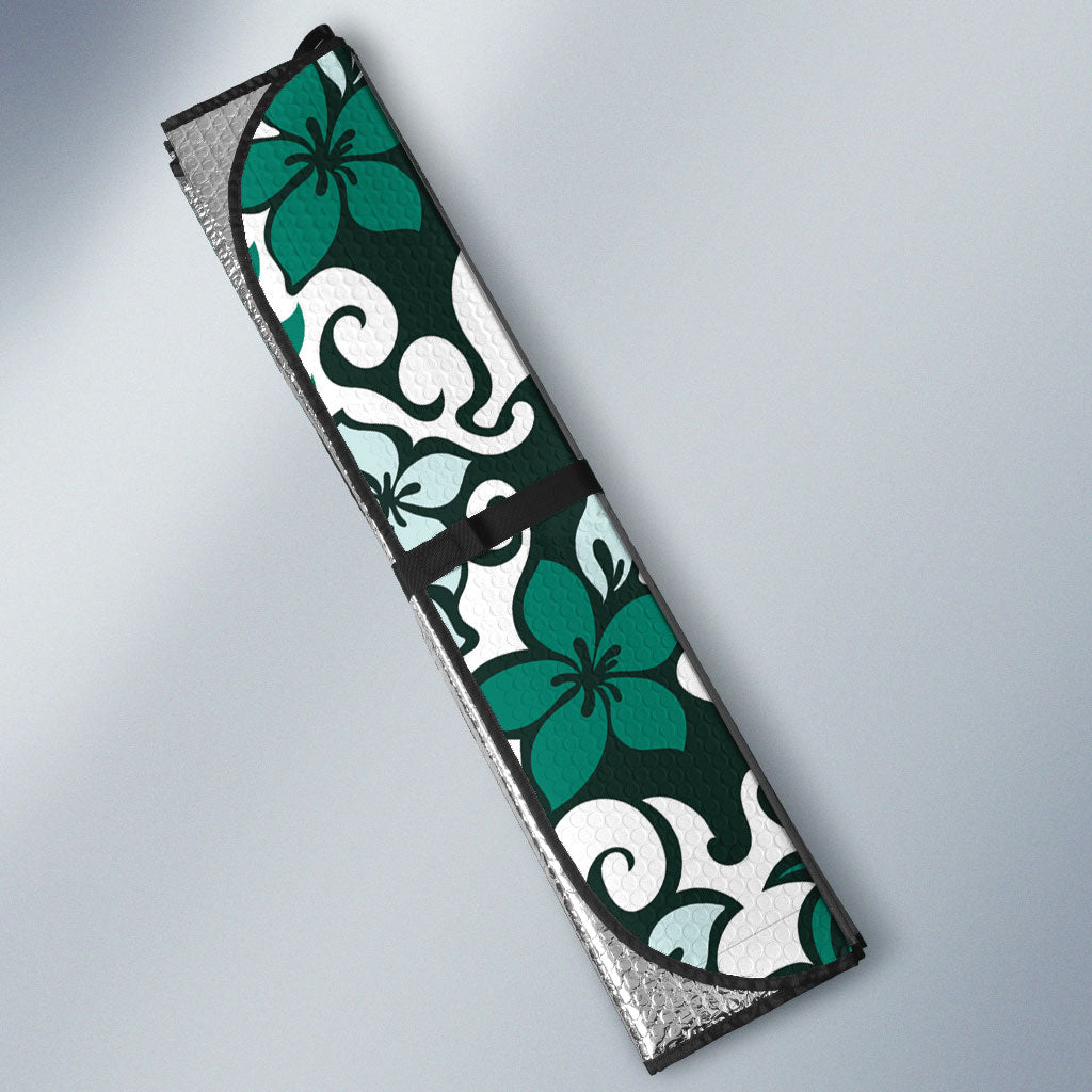 Monstera Plumeria Flowers Teal Auto Sun Shade Polynesian Pattern