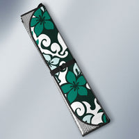 Monstera Plumeria Flowers Teal Auto Sun Shade Polynesian Pattern