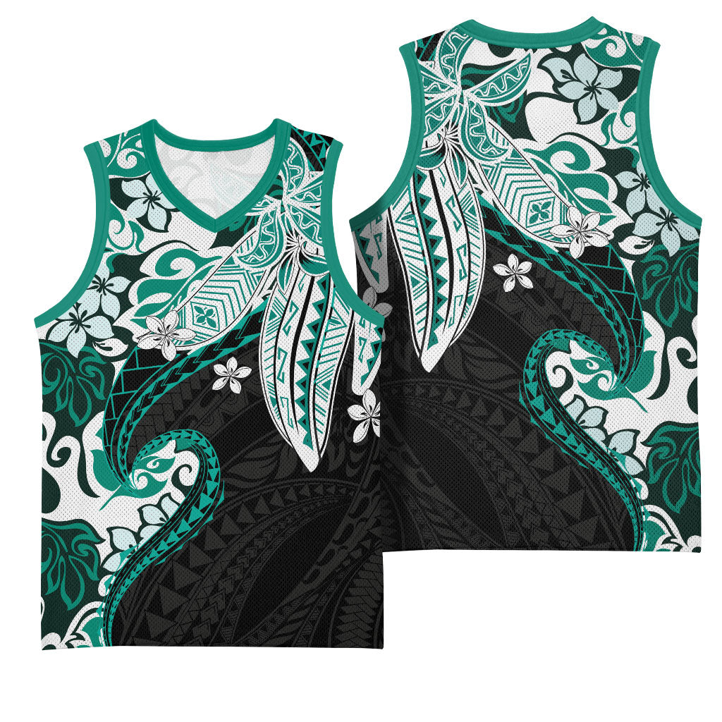 Monstera Plumeria Flowers Teal Basketball Jersey Polynesian Pattern