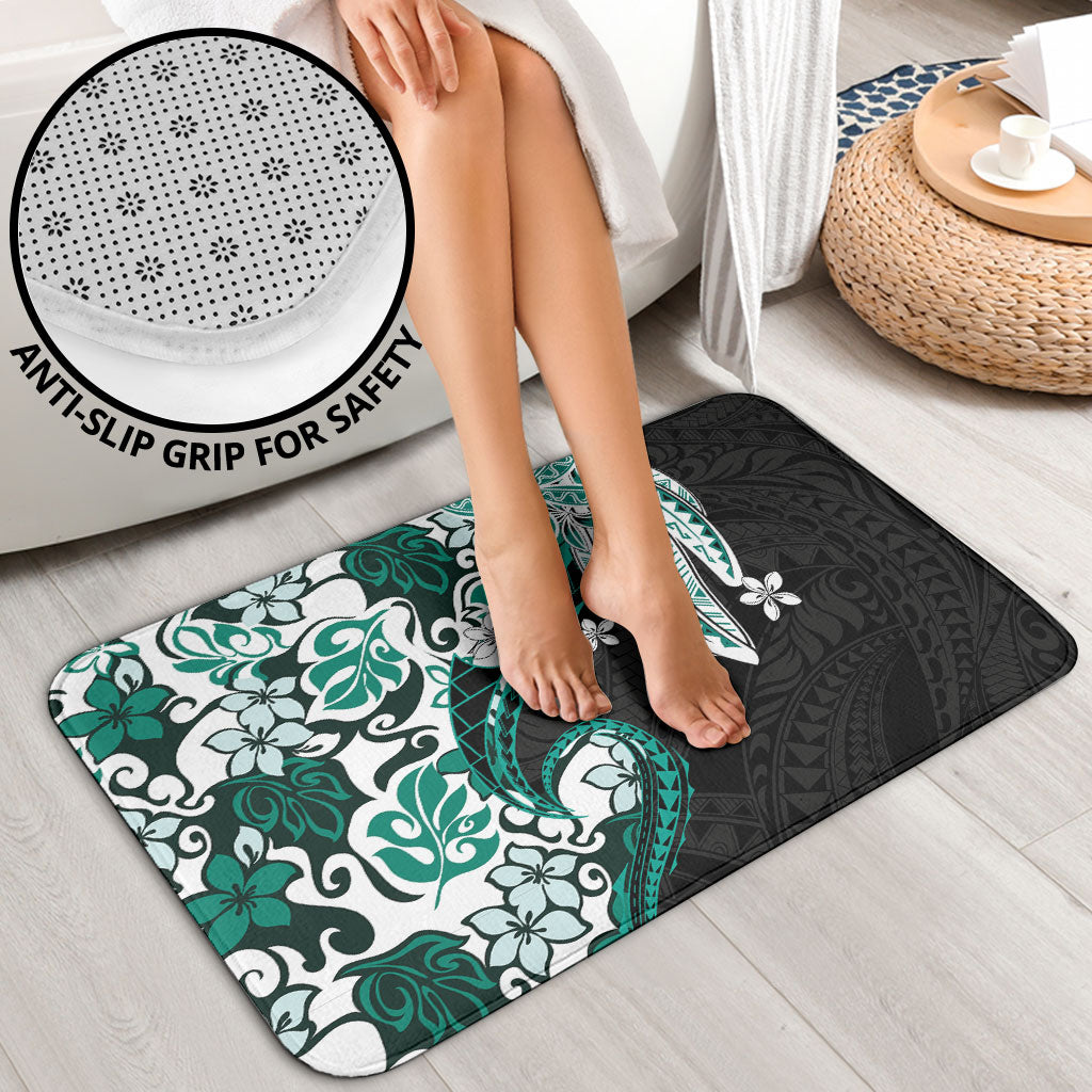 Monstera Plumeria Flowers Teal Bathroom Set Polynesian Pattern