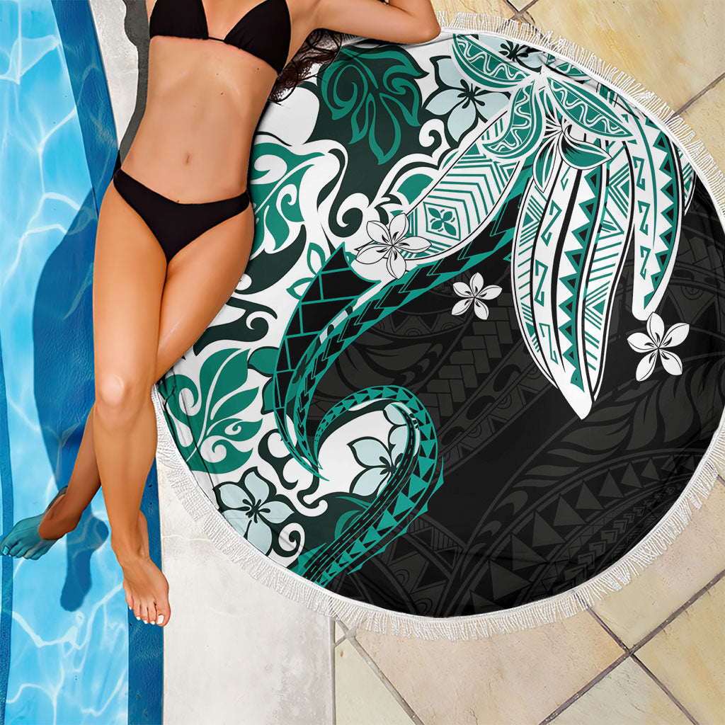 Monstera Plumeria Flowers Teal Beach Blanket Polynesian Pattern