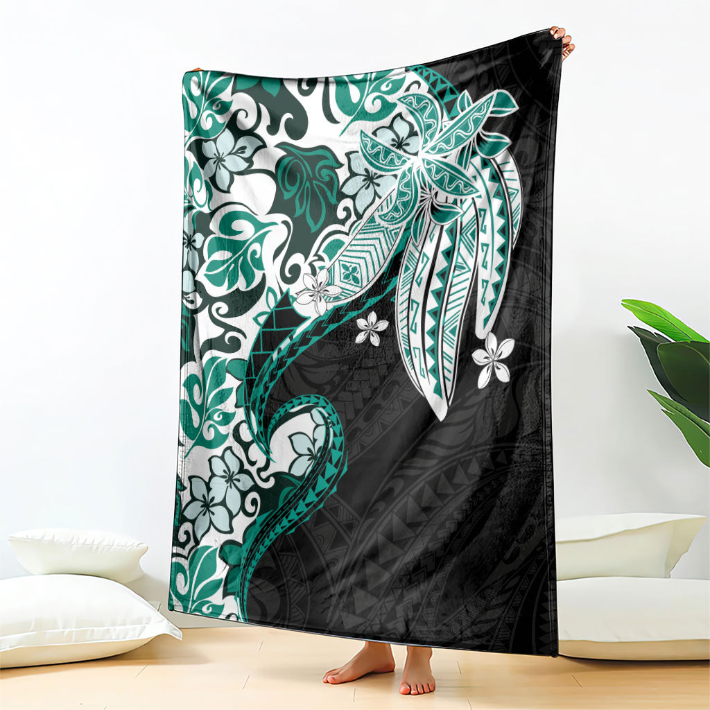 Monstera Plumeria Flowers Teal Blanket Polynesian Pattern