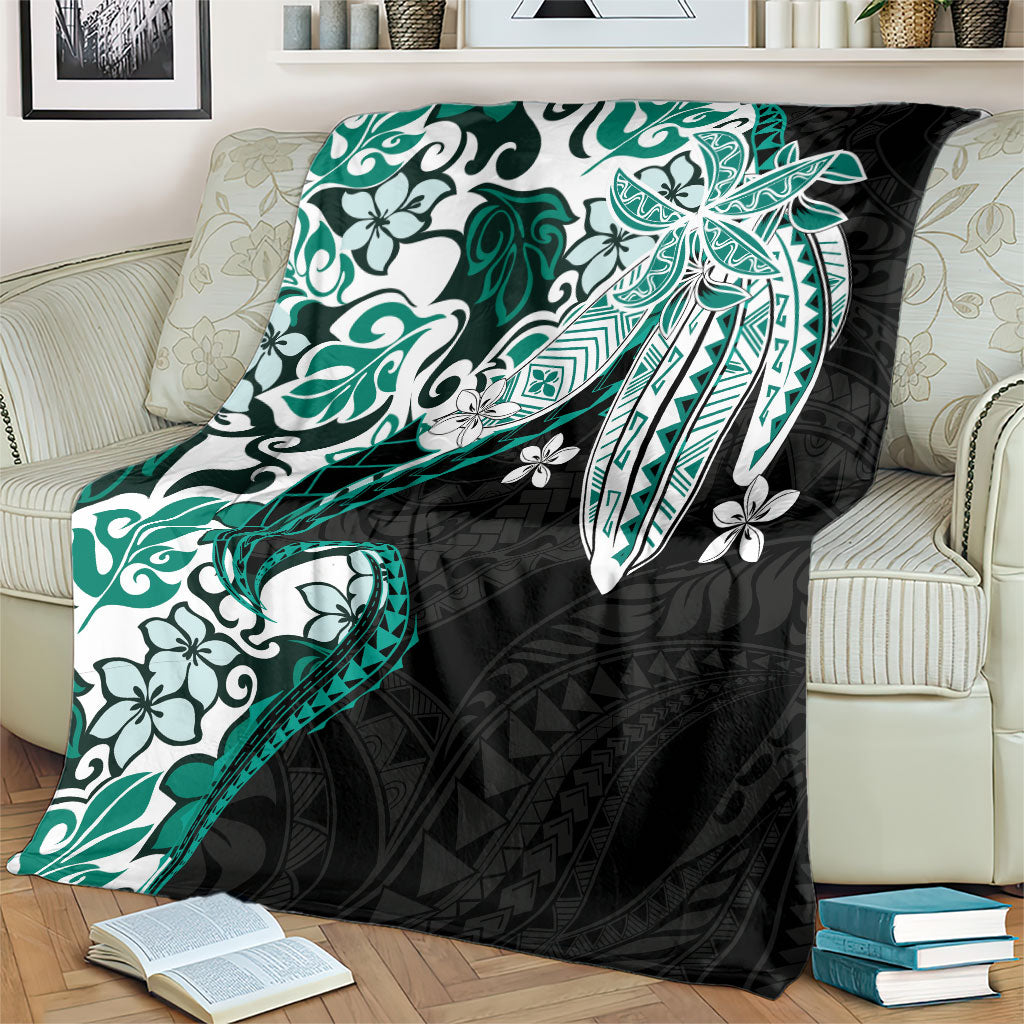 Monstera Plumeria Flowers Teal Blanket Polynesian Pattern