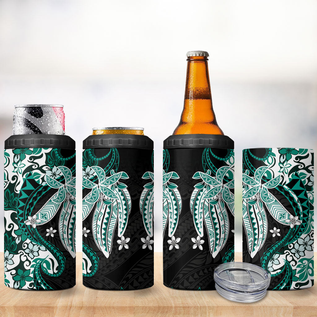 Monstera Plumeria Flowers Teal 4 in 1 Can Cooler Tumbler Polynesian Pattern