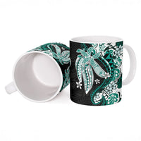 Monstera Plumeria Flowers Teal Ceramic Mug Polynesian Pattern