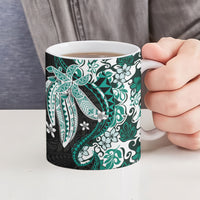 Monstera Plumeria Flowers Teal Ceramic Mug Polynesian Pattern