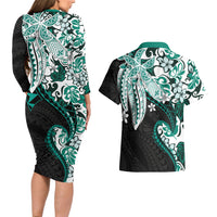Monstera Plumeria Flowers Teal Couples Matching Long Sleeve Bodycon Dress and Hawaiian Shirt Polynesian Pattern LT01 - Polynesian Pride