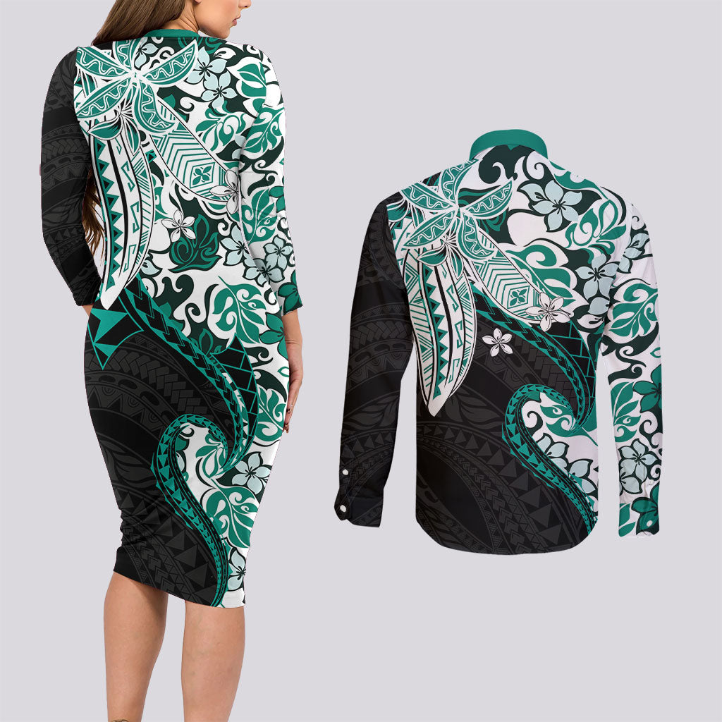Monstera Plumeria Flowers Teal Couples Matching Long Sleeve Bodycon Dress and Long Sleeve Button Shirt Polynesian Pattern