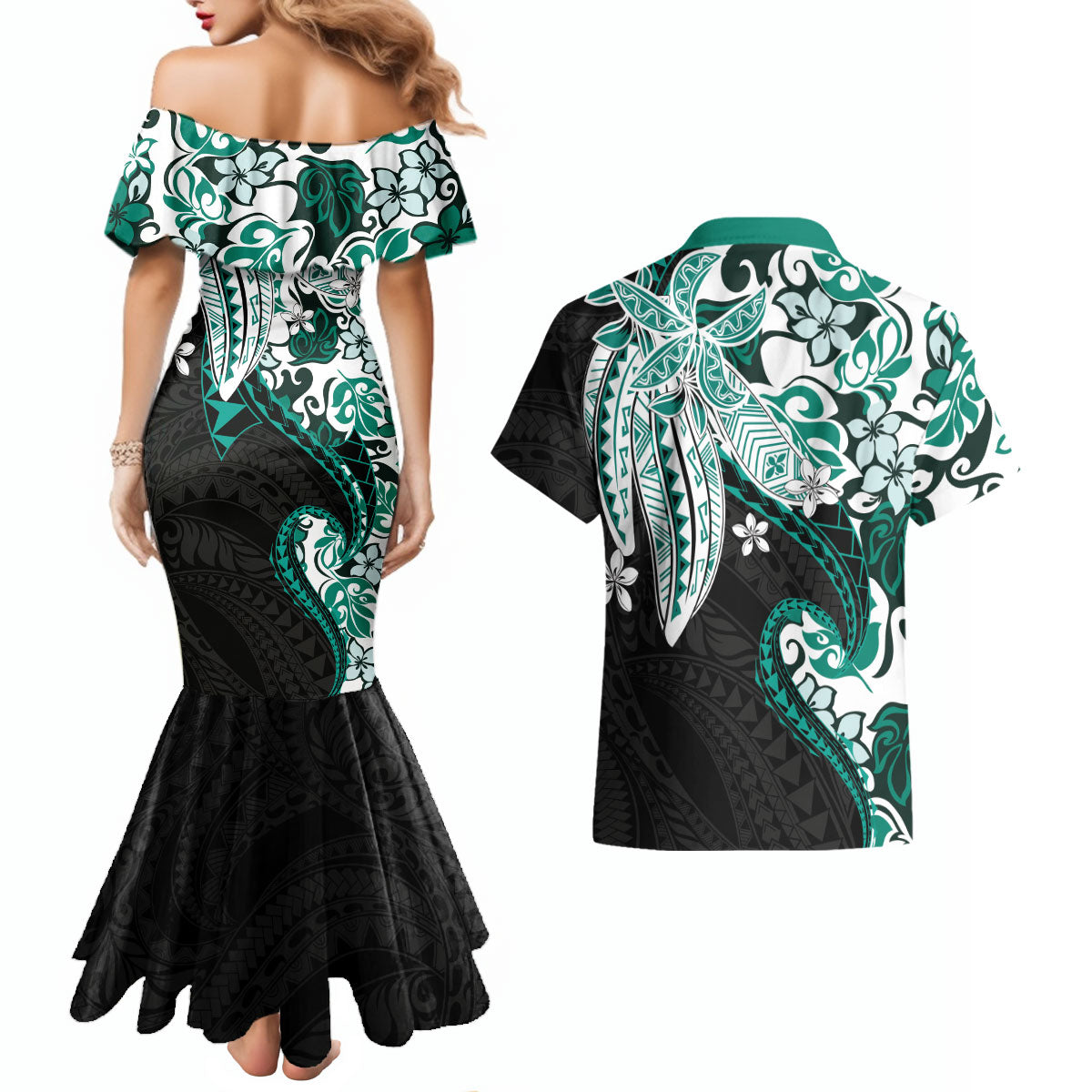 Monstera Plumeria Flowers Teal Couples Matching Mermaid Dress and Hawaiian Shirt Polynesian Pattern