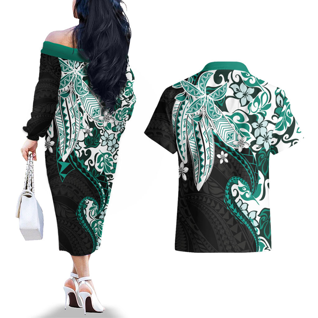 Monstera Plumeria Flowers Teal Couples Matching Off The Shoulder Long Sleeve Dress and Hawaiian Shirt Polynesian Pattern LT01 - Polynesian Pride