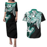Monstera Plumeria Flowers Teal Couples Matching Puletasi and Hawaiian Shirt Polynesian Pattern