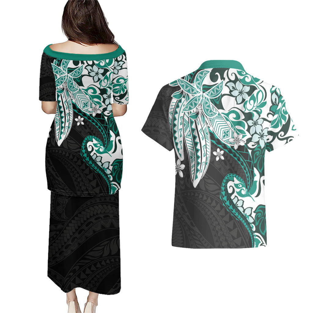Monstera Plumeria Flowers Teal Couples Matching Puletasi and Hawaiian Shirt Polynesian Pattern