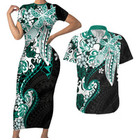Monstera Plumeria Flowers Teal Couples Matching Short Sleeve Bodycon Dress and Hawaiian Shirt Polynesian Pattern LT01 Teal - Polynesian Pride