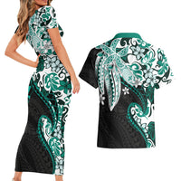 Monstera Plumeria Flowers Teal Couples Matching Short Sleeve Bodycon Dress and Hawaiian Shirt Polynesian Pattern LT01 - Polynesian Pride