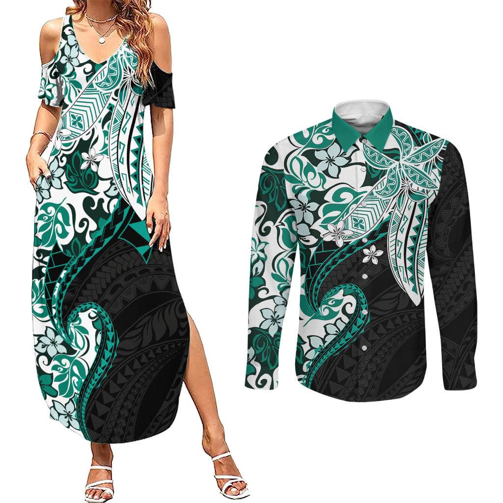 Monstera Plumeria Flowers Teal Couples Matching Summer Maxi Dress and Long Sleeve Button Shirt Polynesian Pattern LT01 Teal - Polynesian Pride