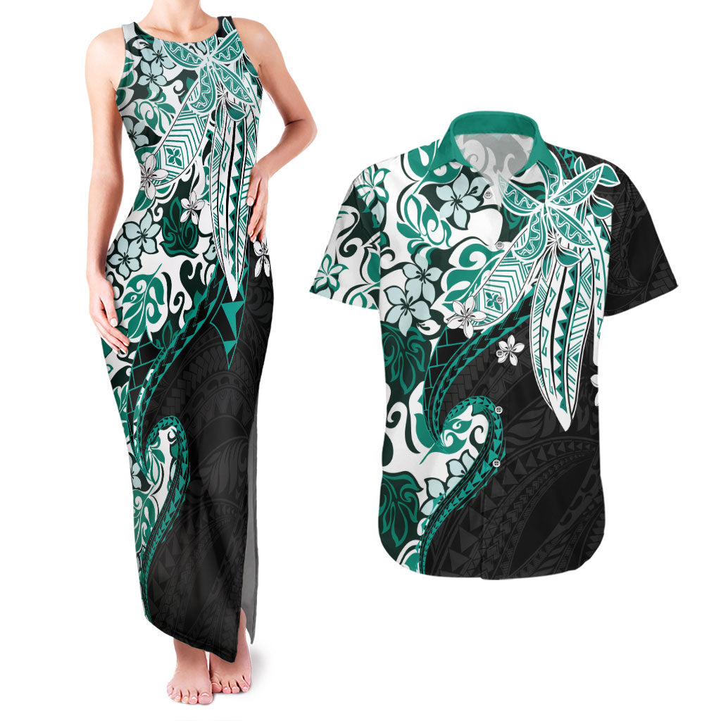 Monstera Plumeria Flowers Teal Couples Matching Tank Maxi Dress and Hawaiian Shirt Polynesian Pattern