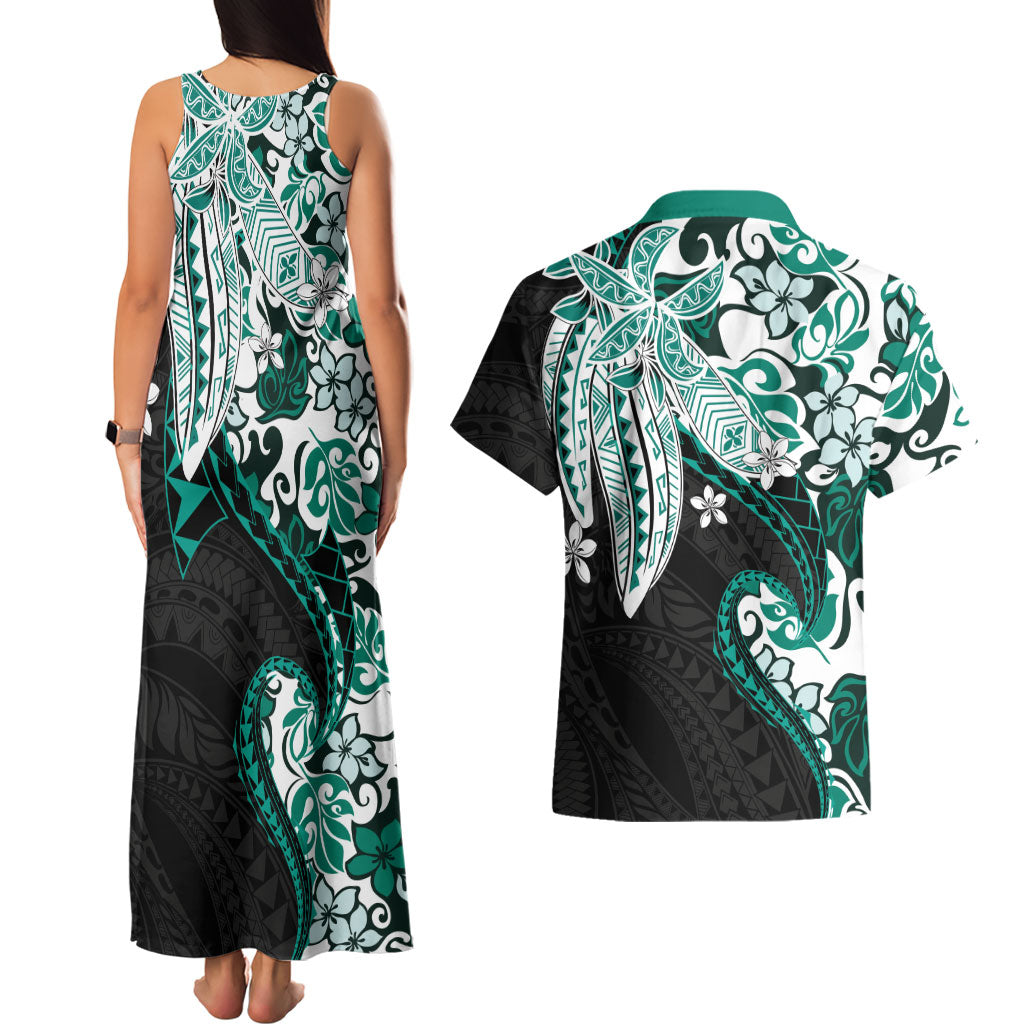 Monstera Plumeria Flowers Teal Couples Matching Tank Maxi Dress and Hawaiian Shirt Polynesian Pattern