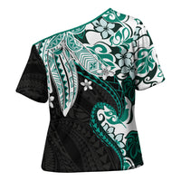 Monstera Plumeria Flowers Teal Cross Shoulder Shirt Polynesian Pattern