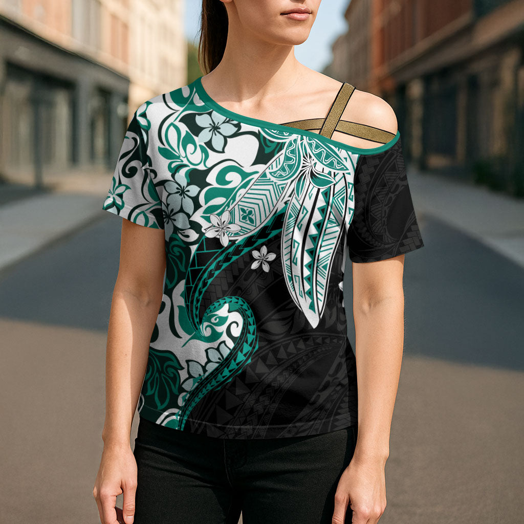 Monstera Plumeria Flowers Teal Cross Shoulder Shirt Polynesian Pattern