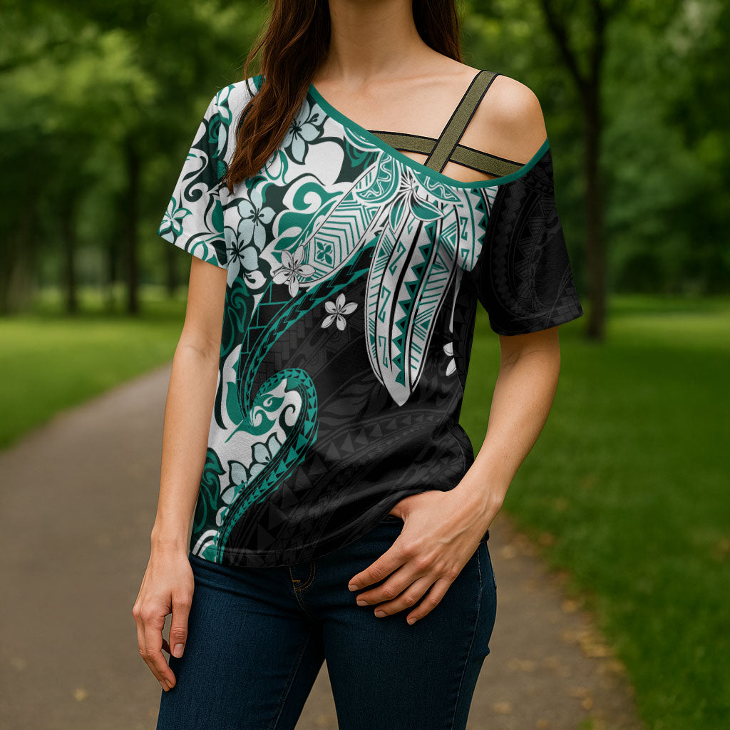 Monstera Plumeria Flowers Teal Cross Shoulder Shirt Polynesian Pattern