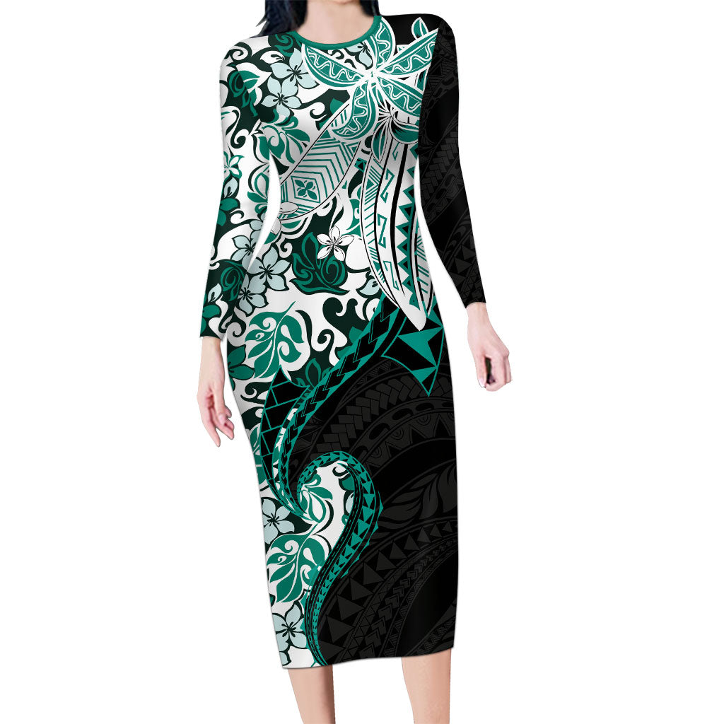 Monstera Plumeria Flowers Teal Family Matching Long Sleeve Bodycon Dress and Hawaiian Shirt Polynesian Pattern LT01 Mom's Dress Teal - Polynesian Pride