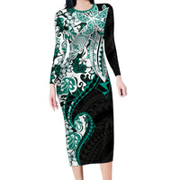 Monstera Plumeria Flowers Teal Family Matching Long Sleeve Bodycon Dress and Hawaiian Shirt Polynesian Pattern LT01 Mom's Dress Teal - Polynesian Pride