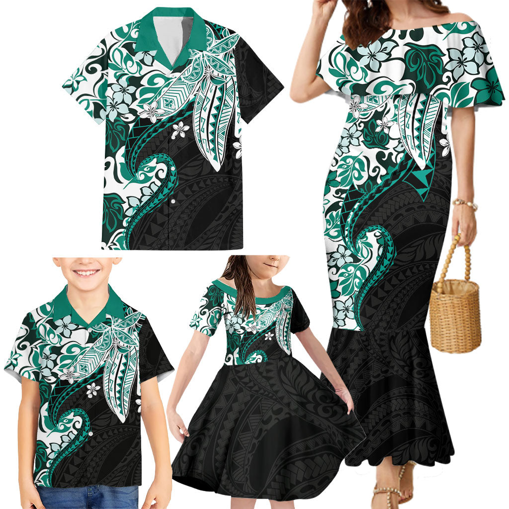 Monstera Plumeria Flowers Teal Family Matching Mermaid Dress and Hawaiian Shirt Polynesian Pattern LT01 - Polynesian Pride